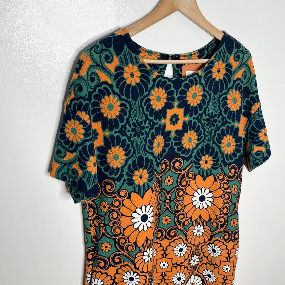 Anthropologie Teal and Rust Floral Shift Dress - Picture 5 of 14